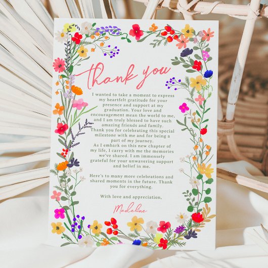 Modern chic boho bright wild flower afstuderen bedankkaart