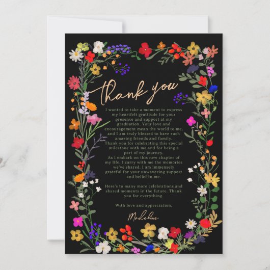 Modern chic boho bright wild flower afstuderen bedankkaart (Voorkant)