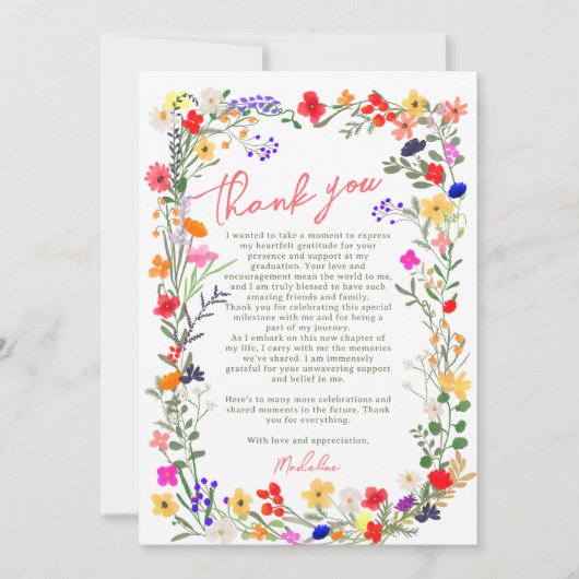 Modern chic boho bright wild flower afstuderen bedankkaart (Voorkant)