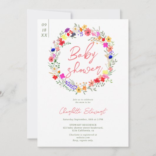 Modern chic boho bright wild flower baby shower kaart (Voorkant)
