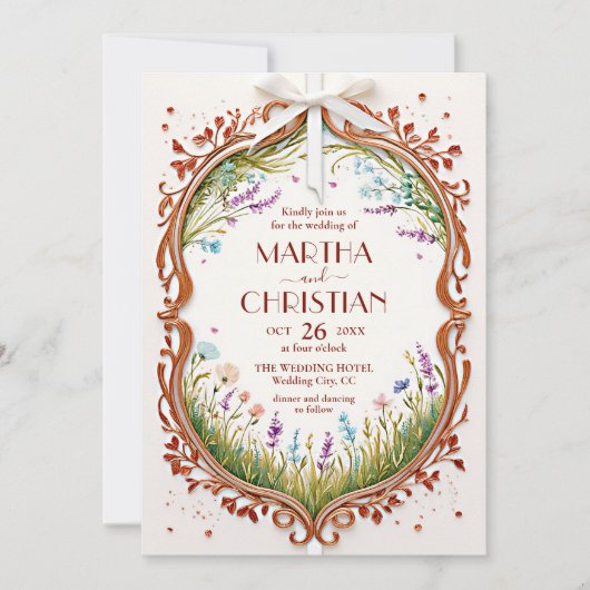 Modern Chic Boho Frame Wild Flowers Photo Wedding Kaart (Voorkant)