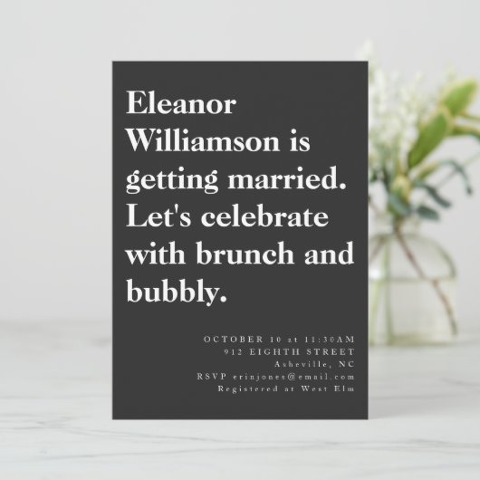 Modern Chic Bold Black Typography Bridal Brunch Kaart (Staand voorkant)