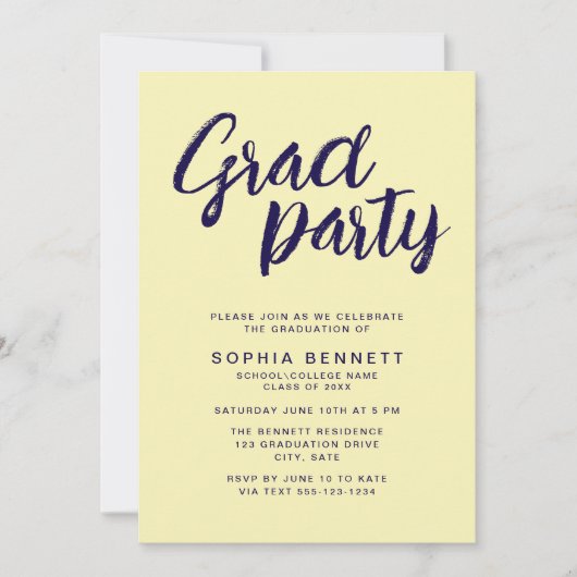 Modern Chic Brush Script Navy & Yellow Afstudeerde Kaart (Voorkant)