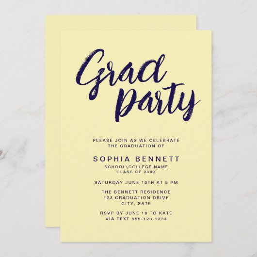 Modern Chic Brush Script Navy & Yellow Afstudeerde Kaart (Voorkant / Achterkant)