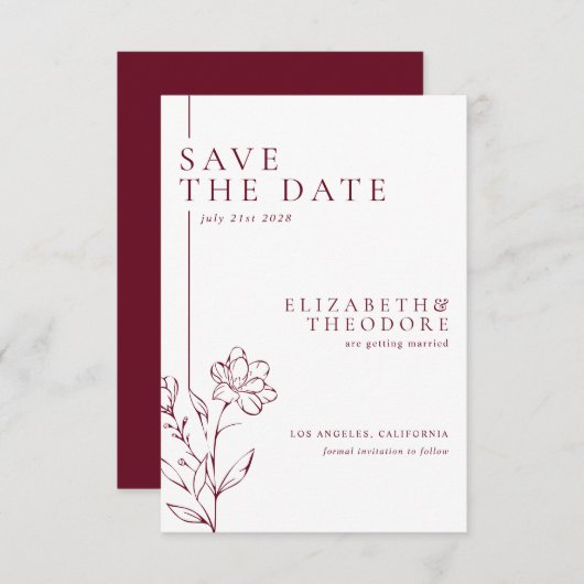 Modern Chic Burgundy Elegant Wedding Save The Date (Voorkant / Achterkant)