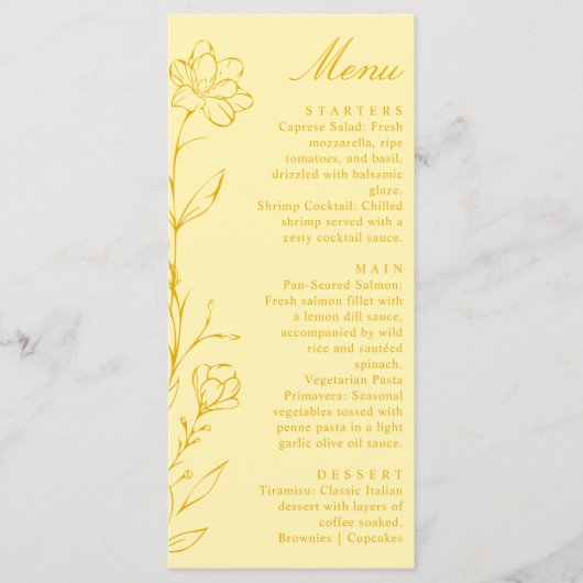 Modern Chic Butter Yellow Floral Wedding Menu (Voorkant)
