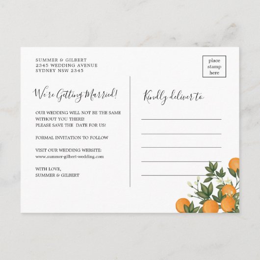 Modern Chic Citrus Oranje bruiloft Save the Date Aankondigingskaart (Achterkant)