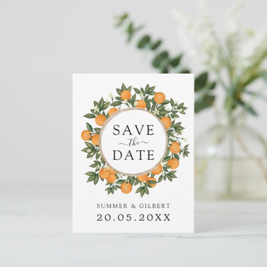 Modern Chic Citrus Oranje bruiloft Save the Date Aankondigingskaart (Staand voorkant)
