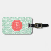 Modern Chic Coral & Mint Green Damask gepersonalis Bagagelabel (Voorkant horizontaal)