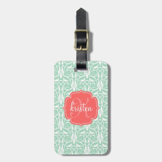Modern Chic Coral & Mint Green Damask gepersonalis Bagagelabel (Voorkant verticaal)
