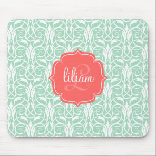 Modern Chic Coral & Mint Green Damask gepersonalis Muismat