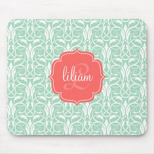 Modern Chic Coral & Mint Green Damask gepersonalis Muismat (Voorkant)