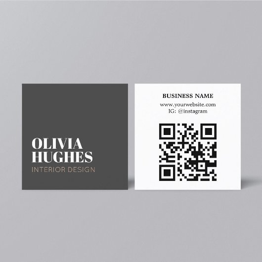 Modern Chic Dark Grey White Brown QR code Vierkante Visitekaartje