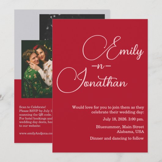 Modern Chic Editorial Deep Red Photo Wedding Kaart (Voorkant / Achterkant)