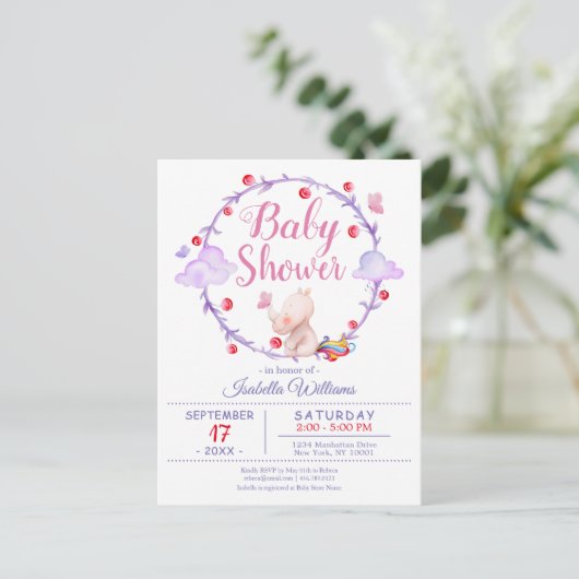 Modern Chic Eenhoorn Waterverf Meisje Baby shower Uitnodiging Briefkaart (Staand voorkant)