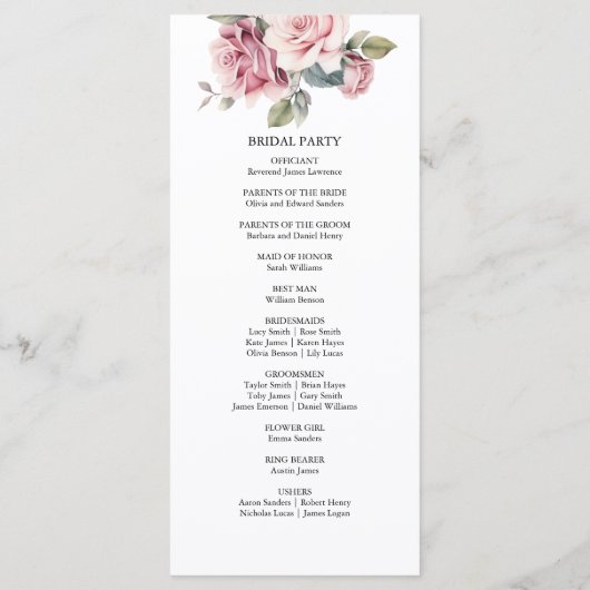 Modern Chic Elegant Romantic Pink Rose Wedding Programmakaart (Achterkant)
