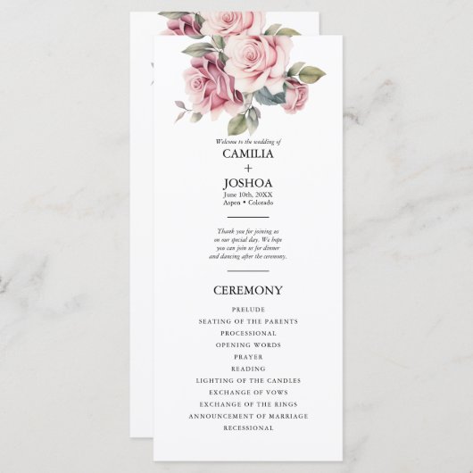 Modern Chic Elegant Romantic Pink Rose Wedding Programmakaart (Voorkant / Achterkant)