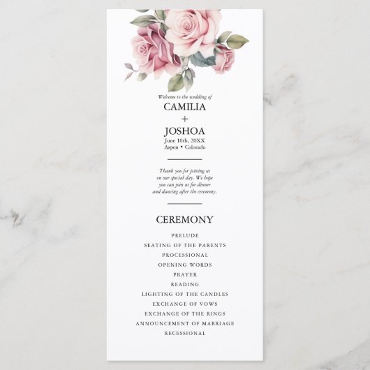 Modern Chic Elegant Romantic Pink Rose Wedding Programmakaart (Voorkant)