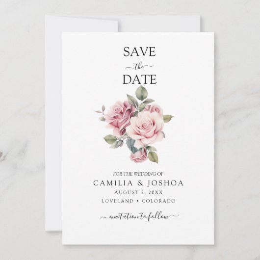 Modern Chic Elegant Romantic Pink Rose Wedding Save The Date (Voorkant)