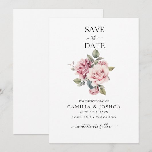 Modern Chic Elegant Romantic Pink Rose Wedding Save The Date (Voorkant / Achterkant)