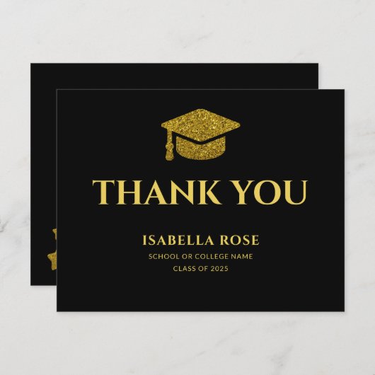 Modern Chic Elegant Zwart en Goud Afstuderen Bedankkaart (Voorkant / Achterkant)