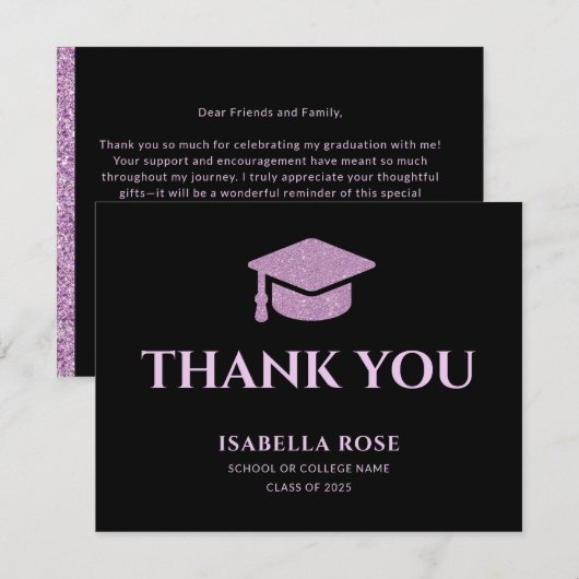 Modern Chic Elegant Zwart en Roze Afstuderen Bedankkaart (Voorkant / Achterkant)