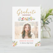 Modern Chic Floral Gold Afstuderen Graduation Part Kaart (Staand voorkant)