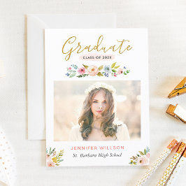 Modern Chic Floral Gold Afstuderen Graduation Part Kaart