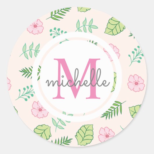 Modern Chic Floral Monogram Ronde Sticker (Voorkant)