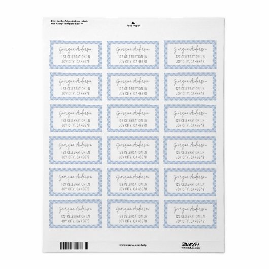 Modern Chic Gingham Pastel Blue Address Etiket (Full Sheet)