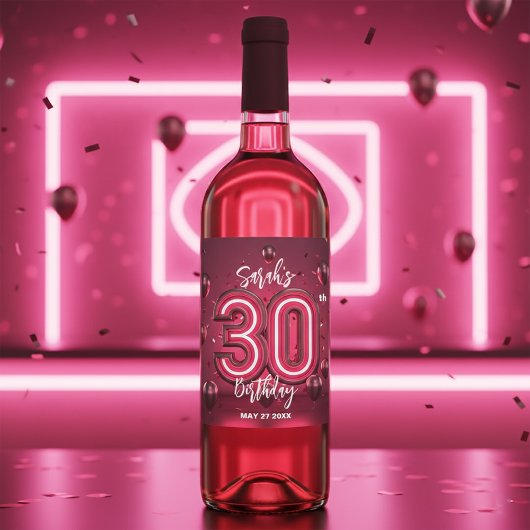 Modern Chic Glam Metallic Neon Pink 30th Birthday Wijn Etiket