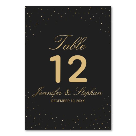 Modern Chic Gold Gespikkeld op Zwarte Tafel Nummer Kaart (Voorkant)