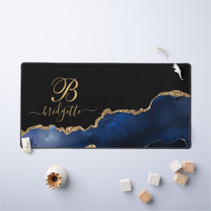 Modern Chic Gold Glitter Navy Blue Agate Monogram Bureaumat