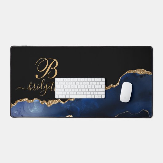 Modern Chic Gold Glitter Navy Blue Agate Monogram Bureaumat (Keyboard & Muis)