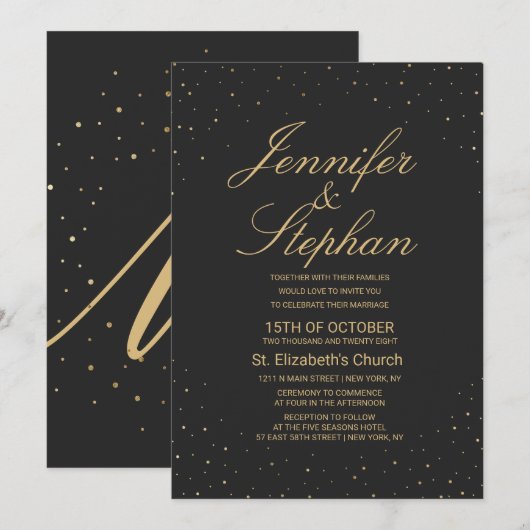 Modern Chic Gold op zwarte bruiloft Kaart (Voorkant / Achterkant)