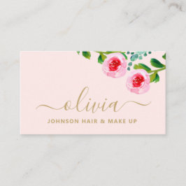Modern Chic Gold Pink Floral Makeup Artist Salon Visitekaartje