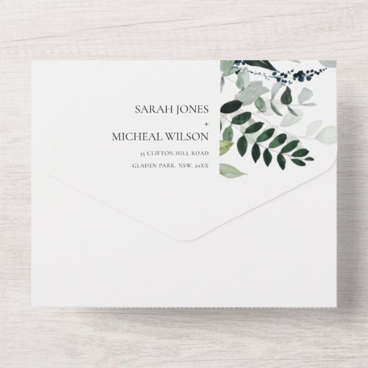 Modern Chic Green Leafy Tropical Foliage Wedding All In One Uitnodiging (Achterkant)
