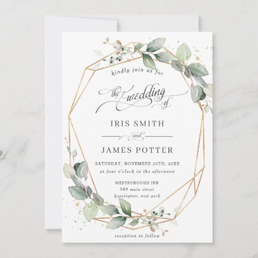 Modern Chic Greenery Leafy Gold Geometric Wedding Kaart (Voorkant)
