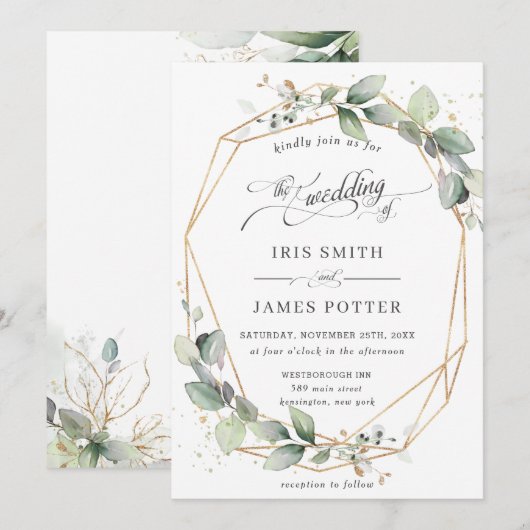 Modern Chic Greenery Leafy Gold Geometric Wedding Kaart (Voorkant / Achterkant)