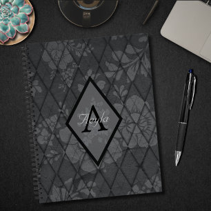 Modern Chic: Grijze Bloemen met Diamant Monogram Notitieboek