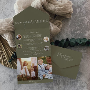 Modern chic   Groen Nieuwjaar Cheer Multi Foto All In One Uitnodiging