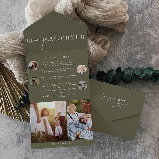 Modern chic | Groen Nieuwjaar Cheer Multi Foto All In One Uitnodiging