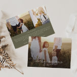 Modern chic | Groene foto Overlay Kerstmis Nieuws Feestdagenkaart<br><div class="desc">Deze moderne chique groene foto overlay kerstnieuws vakantie kaart is de perfecte stijlvolle vakantie groet. Dit eenvoudige boho-ontwerp is voorzien van klassieke verfijnde kalligrafie in rustiek olijfgroen en wit. Personaliseer de voorkant van de kaart met een foto, uw familienaam en het jaar. Voeg 2 extra foto's toe en een optionele...</div>