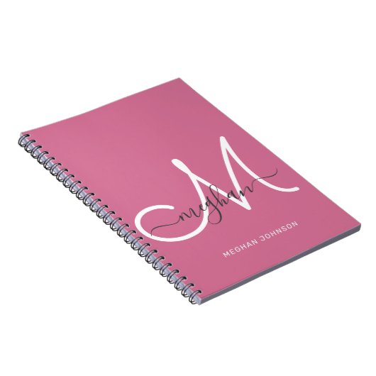 Modern Chic Hot Pink White Script Monogramed Notitieboek (Rechterzijde)