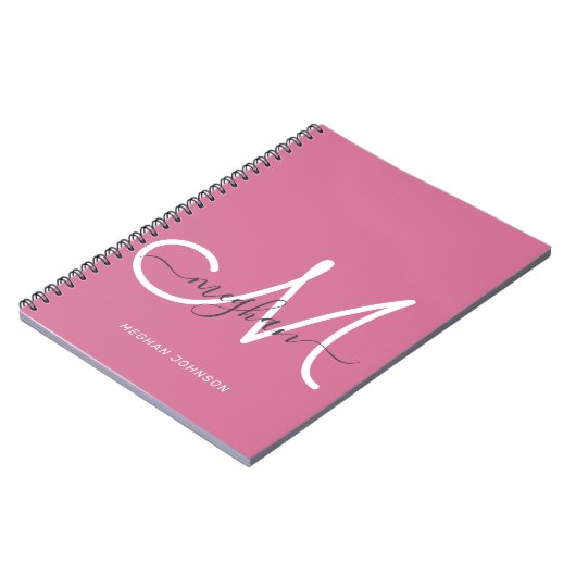 Modern Chic Hot Pink White Script Monogramed Notitieboek (Linkerzijde)