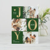 Modern Chic Joy Green Gold Fotocollage Kerstmis Feestdagenkaart (Staand voorkant)