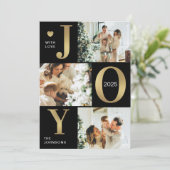 Modern Chic Joy Zwart Goud Fotocollage Kerstmis Feestdagenkaart (Staand voorkant)
