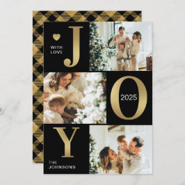Modern Chic Joy Zwart Goud Fotocollage Kerstmis Feestdagenkaart