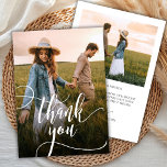 Modern Chic Kalligrafie Script 2 Foto Bruiloft Bedankkaart<br><div class="desc">Moderne Boho Chic Kalligrafie Script 2 Foto Bruiloft Dank je Kaart. Stijlvolle bruiloft dank u sjabloon met een volledige verticale foto op de voorkant met de tekst "Thank You" in een grillige wervelende hand belettering typografie swash tail font script witte overlay op het afbeelding. Aan de achterkant pre-made bedankbericht met...</div>