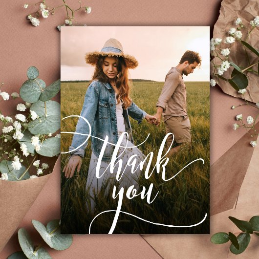 Modern Chic Kalligrafie Script 2 Foto Bruiloft Bedankkaart